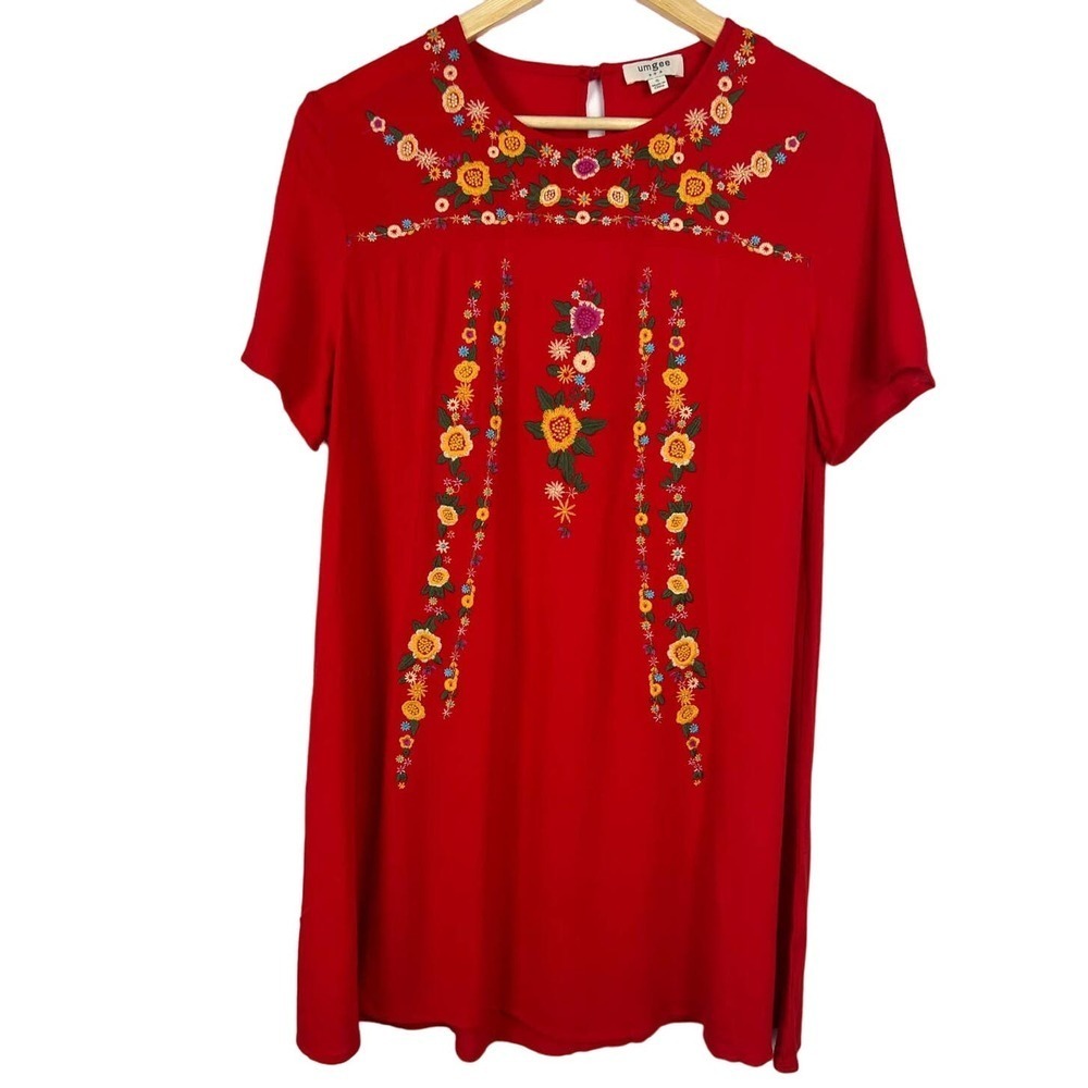 EUC UMGEE BOHO Red Short Floral Embroidered Cotton Blend Casual Dress Small